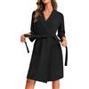 Ekouaer Accappatoio Donna Nido d'Ape Corta Vestaglia Leggero Morbida con Tasca Kimono Vestaglie Maniche a 3/4, Nero M