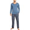 Irdcomps Pigiama da Uomo Invernale Cotone Pigiami Lungo Due Pezzi Set Notte Casa Lungo Manica Leggero Scollo a V e Pantaloni Scozzesi con Tasche Casual Azzurro XL