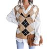 Generic Maglione lavorato a maglia da donna con scollo a V, stile preppy, motivo scozzese a rombi, cachi, M