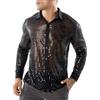 Panegy Uomo 70s Metallic Shirts Shiny Turndown Polo T-Shirt Slim Fit Hip Hop Dress Shirt Long Sleeve Casual Button Down Disco Costume Nero