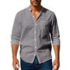 Volemo Camicia in lino, da uomo, a maniche lunghe, senza collo, per il tempo libero, estiva, spiaggia, vestibilità regolare