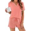 Demegimi Pigiama Donna Corto Estivo in Cotone, Completo Notte Due Pezzi con Maglia Scollo a V e Pantaloncini a Righe, Set Loungewear Comodo e Morbido