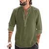 Runcati Camicia da uomo in cotone e lino, a maniche lunghe, con collo alla coreana, camicia da spiaggia, camicia estiva elegante, verde oliva, S