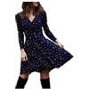 Generisch Abito autunnale da donna Curvy corto, abito avvolgente da donna, a maniche lunghe, con scollo a V, con motivo floreale, abito midi attillato, casual, linea ad A, per il tempo libero, Blu, M
