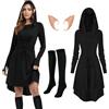 rumnigh Abbigliamento medievale da donna, Abbigliamento gotico medievale, Abito rinascimentale, Abito con cappuccio con orecchie da elfo e calze overknee per Carnevale Halloween (Nero, S)