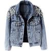Lazutom - Giacca da donna in denim con strass, taglia grande, oversize, con perle, in jeans, ricamata, stile Y2K, abbigliamento da strada per festival, Blu, XXL