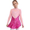 Linjinx Vestito da Pattinaggio Artistico per Bambina Body Ballet Manica Lunga Dettagli con Pietre Scintillanti Costume Gara Pattinaggio per Esibizioni Anni Rosa Acceso 9-10 Anni