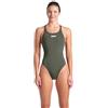 Arena Solid Swim Tech Team, Costume Intero da Donna, ad Asciugatura Rapida, Costume da Bagno Sportivo in Tessuto MaxLife con Massima Resistenza al Cloro e Protezione UV UPF 50+, Salvia Scura/Lime