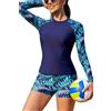 SHEKINI Donne 2 pezzi protezione eruzioni cutanee manica lunga costumi da bagno protezione solare surf camicia costume da bagno nuoto, Blu profondo+vacanza, XL