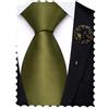 Hi-Tie - Cravatte da uomo extra lunghe da 160 cm e 178 cm in seta, solide, con spilla da bavero a forma di fiore, Verde oliva, 63''(160cm)
