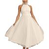 Masrin Abito da sera da donna, elegante, in tulle, senza maniche, con allacciatura al collo, lunghezza alla caviglia, maxi abito da cocktail, abito a rete, collo alto, abito da ballo, beige., M