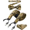 HISDERN Bretelle Uomo Eleganti Oro Paisley Regolabile 6 Clips di e Forma a Y Elastica Bretelle Papillon e Fazzoletto da Taschino Set da Uomo