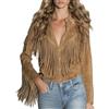 Generic Abito da cowgirl alla moda in pelle top da donna con nappe camicie anni '70 hippie cowgirl western in finta pelle scamosciata camicetta con frange a maniche lunghe bottone risvolto top elegante