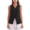 Amazhiyu Gilet da donna, in lino, da donna, corto, senza maniche, in lino, elegante, scollo a V, bottone, vintage, giacca, Nero , M