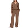 Generisch Set da donna in maglia da due pezzi, elegante, con scollo a V, per la casa da donna, 2 pezzi, invernale, gamba larga, pigiama, lungo, caldo, per il tempo libero, con scollo a V, casual, marrone, XXL