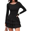JYIXXZX Vestito Sexy Donna Maniche Lunghe Mini Abito Elegante Aderente Abito da Sera Scollo a Girocollo Casual Vestito Corto Bodycon Nero A Line Orlo Volant Abiti per Discoteca Cocktail Party Festa