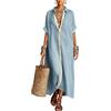 Generic Abito da donna a contrasto di colore con bottoni, stile camicia, maniche corte, cotone e lino, casual, ampio, da spiaggia, lungo maxi, Blu, L