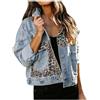 Vagbalena Giacca Donna Leggera in Denim Jacquard Leopard Patchwork Giacca Corta in Denim Top Manica Lunga Basic Tie Buckle con Tasca Giacca in Denim (Blu,XL)