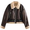 Generic Giacca Corta in Ecopelle Con Montone Sintetico Da Donna Per L'inverno, Stile Aviator Con Zip E Design Patchwork Da Moto,Marrone,L