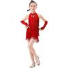 Generico Vestito Latino Americano Bambina Body da Danza con Frange e Manicotti Abito da Ballo Gara Spettacolo Allenamento Vestiti Ballerine per Cha Cha Esibizione Abbigliamento Pratica (Red, 5-6 Years)