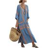 Mfhmom Abito Lungo Estivo Donna - Vestito Cotone Lino Maniche Corte Scollo a V Tasche Copricostumi Spiaggia Boho Chic Vintage Abbigliamento Curvy Taglie Forti Casual Primaverile Prendisole