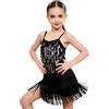 LOLANTA Paillette Frange Danza Costume Bambina, Abiti Ballo Latino Salsa Rumba Bambini, Mini Abito Completo Ballo Senza Maniche con Nappe e Pantaloncini, Nero, 11-12 Anni, 160