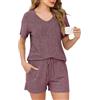 Lovasy Pigiama Donna Estivo in Maglia a Coste Pigiama Set Corto Scollo a V e Maniche Corte 2 Pezzi Pigiama da Casa Leggero Sleepwear Pigiama