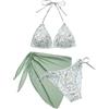 Vijamiy Costume Donna Tre Pezzi Costumi da Bagno Bikinis Set 3 Pezzi Bikini Mare Curvy Push Up Sexy Halter Beachwear con Supporto per Gonna(Verde e Bianco,L)