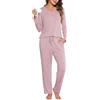 Wikoan Pigiama Donna Set Morbido 2 Pezzi Scollo a V Donna Pigiama Set, Manica Lunga Pigiama Top e Pantaloni con Tasche,Rosa Carne,XL