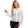 Allegra K Donna Camicia in Pizzo Manica Lunga Bluse Trasparente Elegante con Button Bianca XS