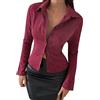 NZYIHAO Camicia da donna a maniche lunghe, a righe, con scollo a V, in cotone, elegante, casual, per ufficio, basic slim fit, Vino, XL
