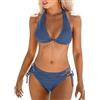 CUPSHE Bikini da donna Set due pezzi costume da bagno profondo collo Halter Cheeky Bottom Vita bassa Strappy Side Tie, Blu acciaio, XL