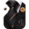 Hi-Tie Classico Mens Cravatta Fiore Risvolto Pin Set Seta Tessuto Cravatta Tasca Quadrato Gemelli Rosso Rosa Oro Blu Cravatta Da Sposa, Nero Oro Stripe, M
