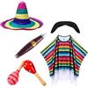 Generisch Set da 6 pezzi messicani da uomo con poncho messicano, per carnevale, feste a tema, poncho e sombrero, set per feste a tema, costume messicano