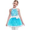 inhzoy Tutu Ballerina Bambina Vestito Danza Classica Moderna Jazz con Paillettes Abito da Pattinaggio Artistico Collo Halter Body Ginnastica Ritmica Costume da Ballo Latino Blu 5-6 Anni