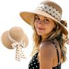 DRESHOW Cappelli da Sole per Donna Fedora da Viaggio Pieghevole da Spiaggia Cappello da Sole Sstivo a Tesa Larga in Paglia con Fiocco UPF 50+