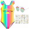 TOYTOPIE Costume Intero da Bagno per Bambina Arcobaleno Multicolore Set Estate 3 Pezzi con Occhiali da Sole e Tatuaggi Temporanei per Vacanze Estive Piscina e Mare, 4-7 Anni