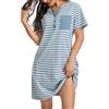 Lovasy Camicia da Notte Cotone Donna Estiva a Maniche Corte Vestito Pigiama Leggero con Bottoni a Righe Scollo a V Sexy Sottoveste Curvy Abito da Notte con Tasche D-Blu M