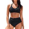 heekpek Costume Donna Due Pezzi Vita Alta Bikini Mare Costumi da Bagno Donna Curvy Push Up Imbottito Scollo a V Crociato Davanti Swimsuit, Nero, S
