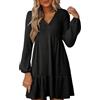 Generisch Abito da donna a maniche lunghe in maglia a costine con gonna a gradini - Mini abito casual con scollo a V | Abito a tunica largo per un look femminile quotidiano, Stil_l04 Nero, M