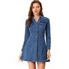 Allegra K Donne Denim Bottone Giù Colletto V-Collo Arrotolate Manica Camicia Vestito Blu M