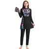 Odizli Burkini Donna Musulmana Maniche Lunghe Cerniera Fiori Maglietta da Bagno+Pantaloni da Nuoto+Cuffia da Bagno 3pz Corpo Intero Islamico Modesto Costumi da Bagno, Nero , XXL