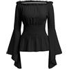 Odizli - Top da donna, stile medievale, gotico, steampunk, a maniche lunghe, spalle scoperte, corsetto, stile vittoriano, Rinascimento, costume, Nero , M