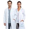 Parker Button Camice Bianco Laboratorio Unisex Uomo Donna, Lunghezza Ginocchio, Poliestere Cotone 200 GSM, Chiusura Bottoni a Pressione, 3 Tasche, per Medico, Infermiere, Clinica, Scuola e Farmacia
