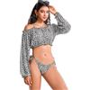 POWER FLOWER Bikini Donna 3 Pezzi Stampa Leopardo con Crop Top Maniche Lunghe off Shoulder - Costume da Bagno Triangle Regolabile (M, TH328-Black & White)