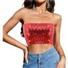 Segreto Top sexy da donna con paillette, senza maniche, vintage, a fascia, senza spalline, crop top per feste, Rosso corto, Taglia unica