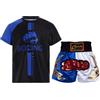 RUNQHUI Completo da Boxe per Bambino Ragazzo, Tenuta Sportiva da Boxe, Combattimento, Top e Pantaloncini Muay Thai, MMA, Kick Boxing, Allenamento, Bianco/Blu, 5-6 Anni