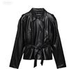 Generico Giacca in similpelle retrò con cintura per donna - Cappotto corto in similpelle PU slim fit con bottoni anteriori e colletto a revers