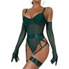 EVELIFE - Set di body intimo da donna sexy Teddy in pizzo elasticizzato con reggicalze rimovibile, guanti eleganti e fasce per cosce 3 pezzi, Verde scuro, S