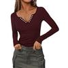 Totatuit Maglietta a Maniche Lunghe Donna Cotone Scollo a V con Occhielli Maglia a Coste Top Basic Elasticizzato Sexy Elegante Slim Fit Camicetta per Primavera Autunno Quotidiano Ufficio Festa